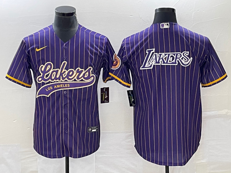 Men's Los Angeles Lakers Blank Purple Cool Base With Patch Stitched Baseball Jersey